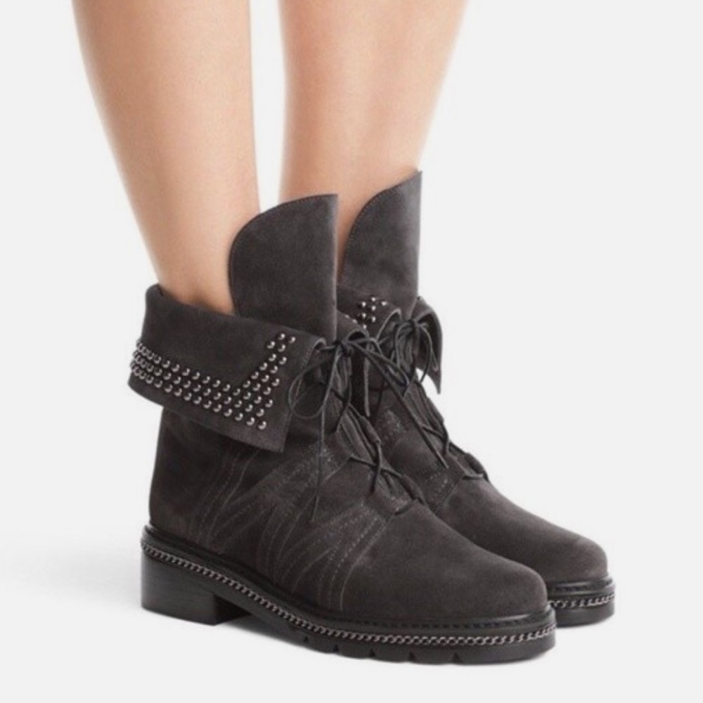 STUART WEITZMAN Yadastud Folded Suede Ankle Boots MOTO Combat BIKER Gray Siz 9.5